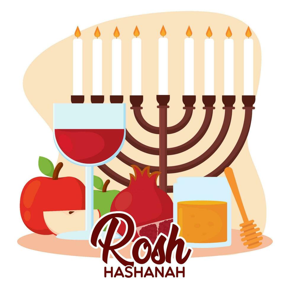 diverso tradizionale ebraico oggetti e cibo Rosh hashanah vettore