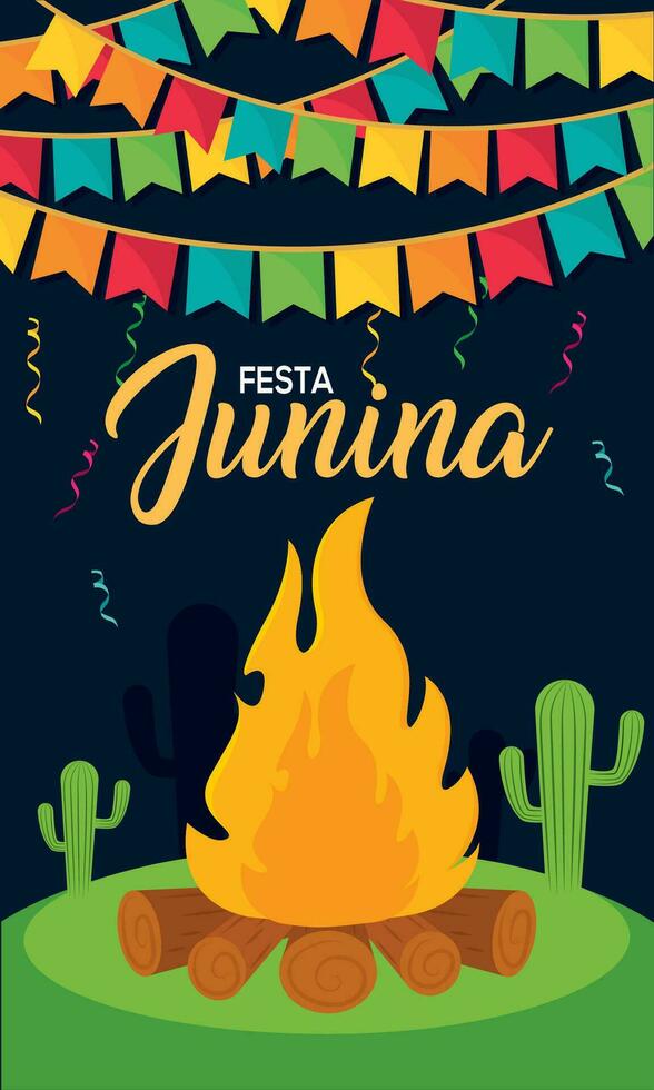 verticale festa junina modello fuoco di bivacco con logs e Festival ornamenti vettore