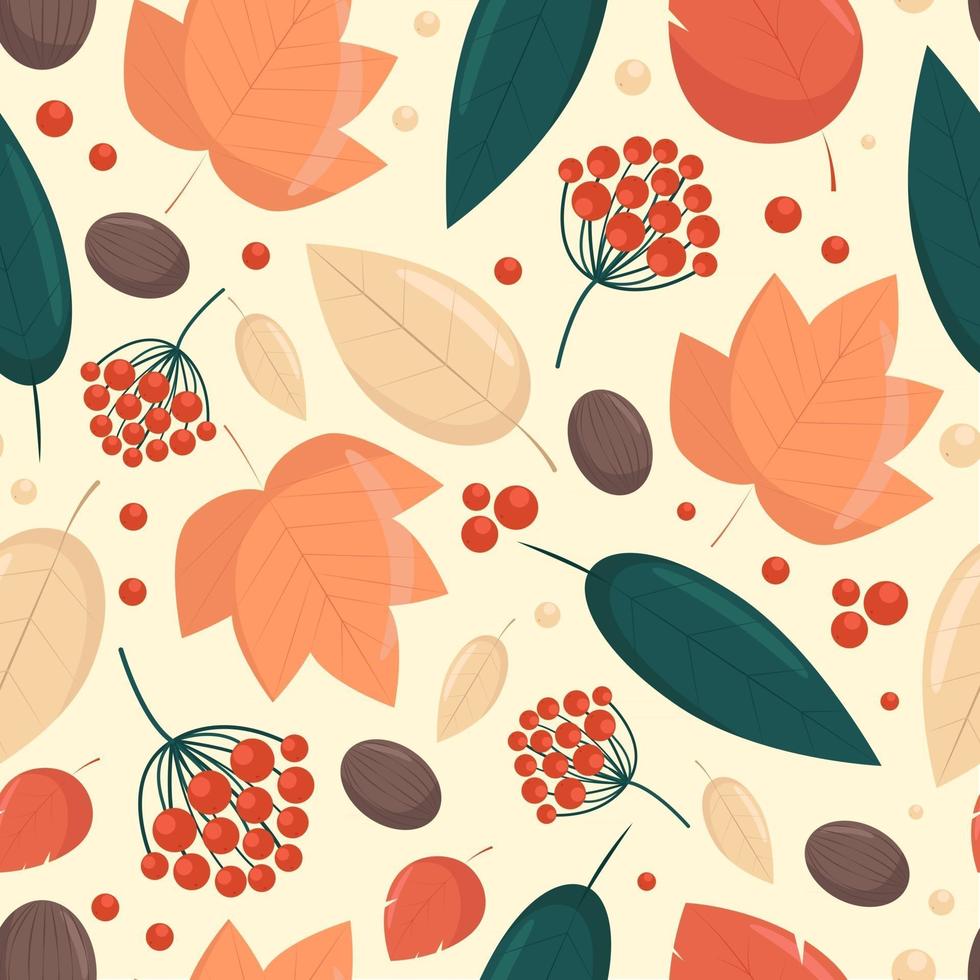 Foglie di autunno noci e bacche modello senza soluzione di continuità, illustrazione vettoriale in stile piatto