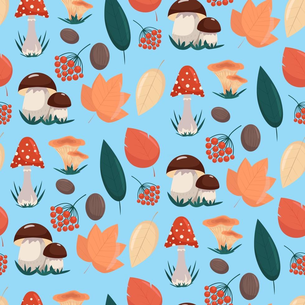 modello senza cuciture con funghi e foglie d'autunno, illustrazione vettoriale in stile piatto