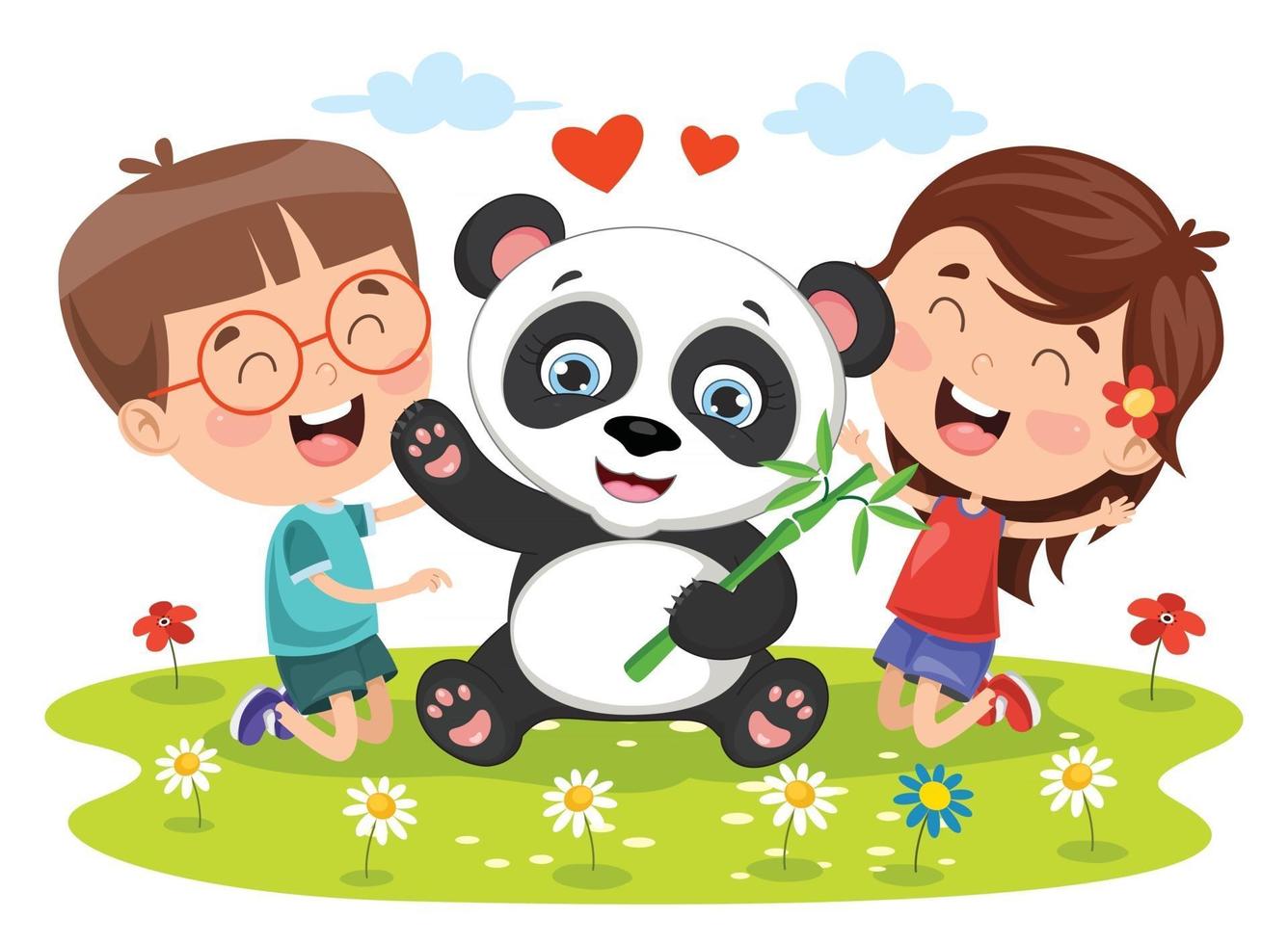 bambini che giocano con il panda vettore
