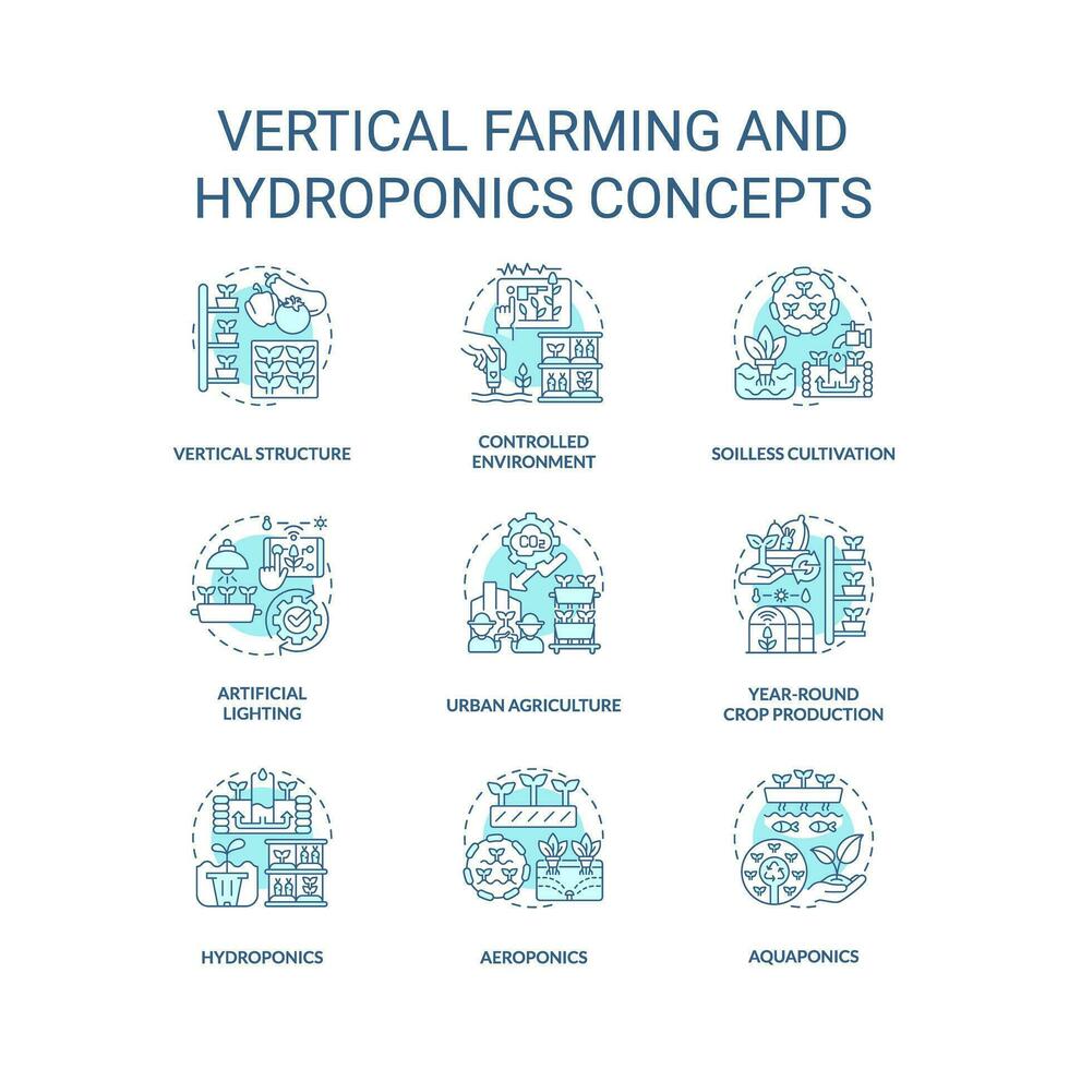 modificabile blu icone impostato che rappresentano verticale agricoltura e idroponica concetti, isolato vettore, magro lineare illustrazione. vettore