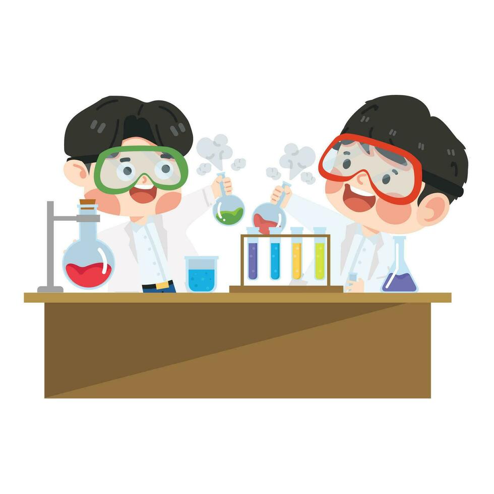 bambini ragazzo alunno scienziato fare ricerca nel il laboratorio vettore