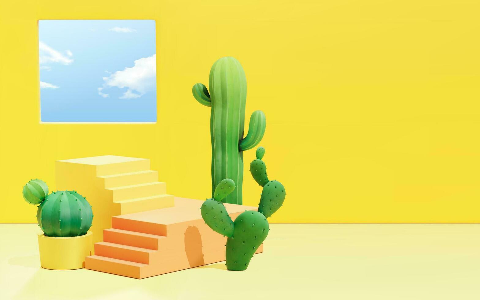 3d minimo giallo scena design con scala palcoscenico e cactus pentole. sfondo adatto per estate Prodotto Schermo. vettore