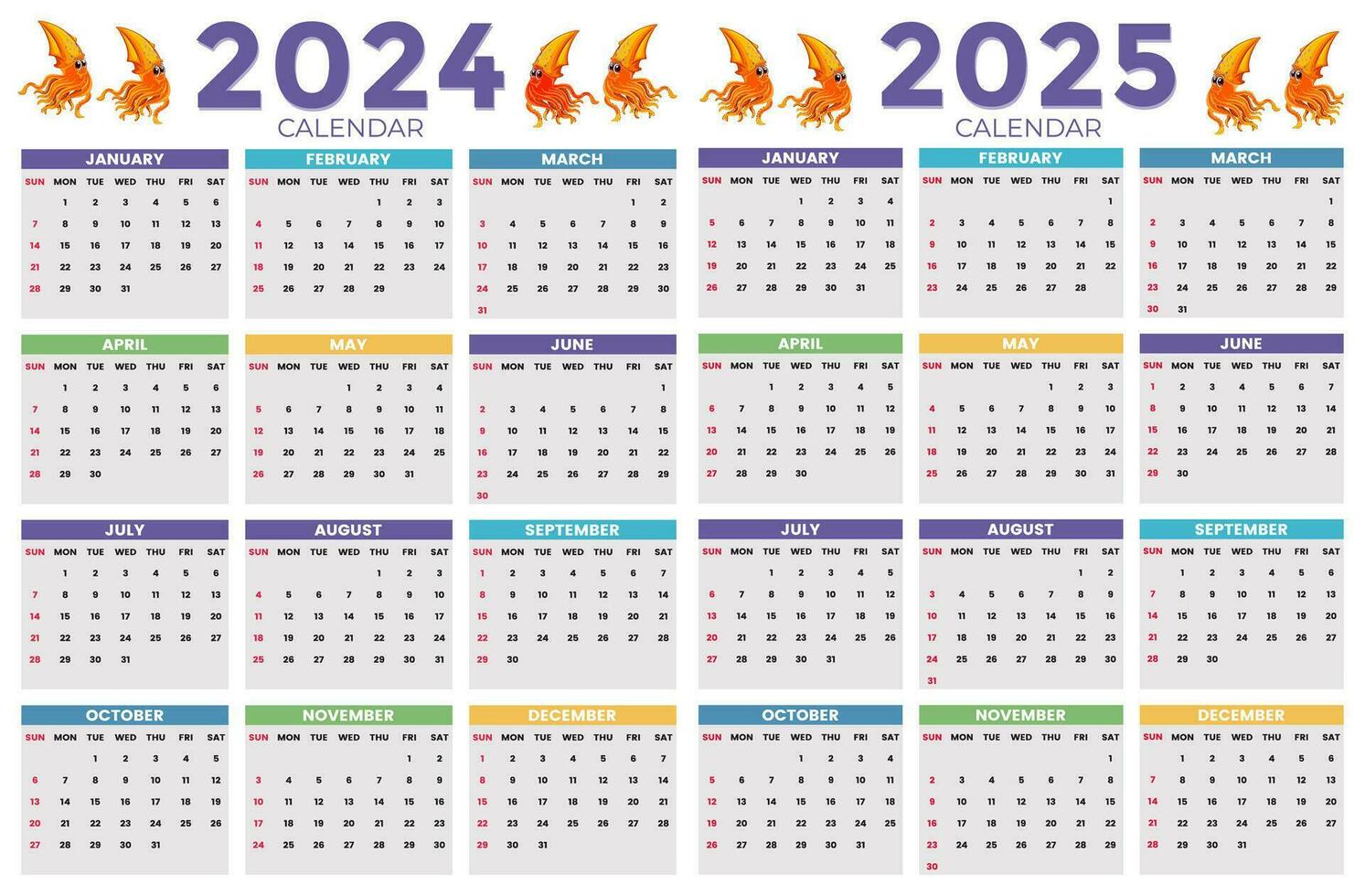 2024, 2025 calendario design modello per contento nuovo anno vettore