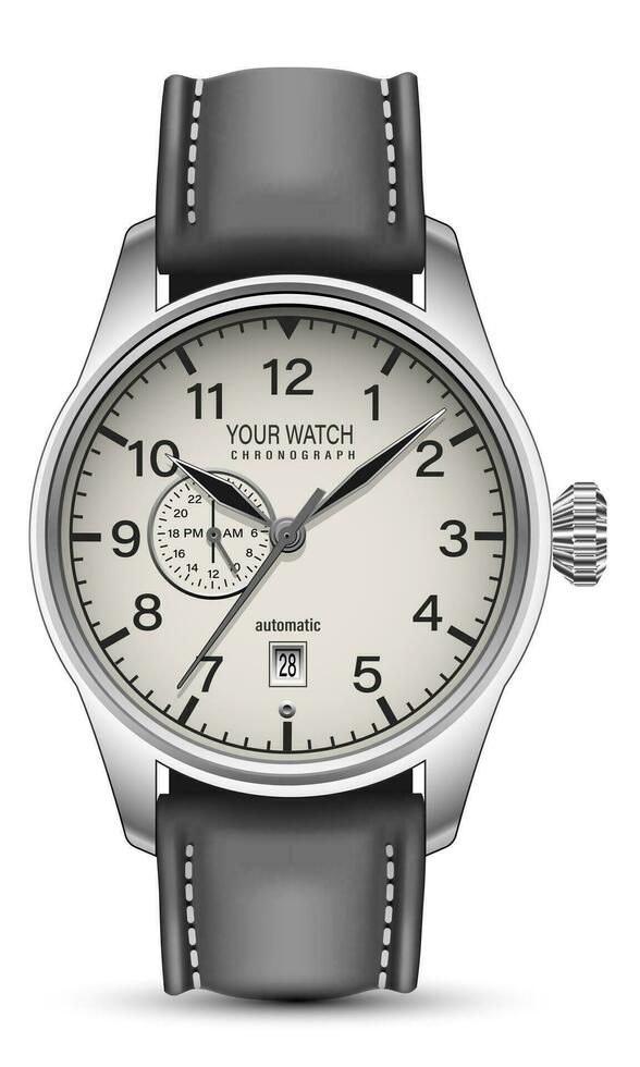 realistico orologio orologio cronografo viso argento buio grigio pelle cinghia su bianca design classico lusso vettore