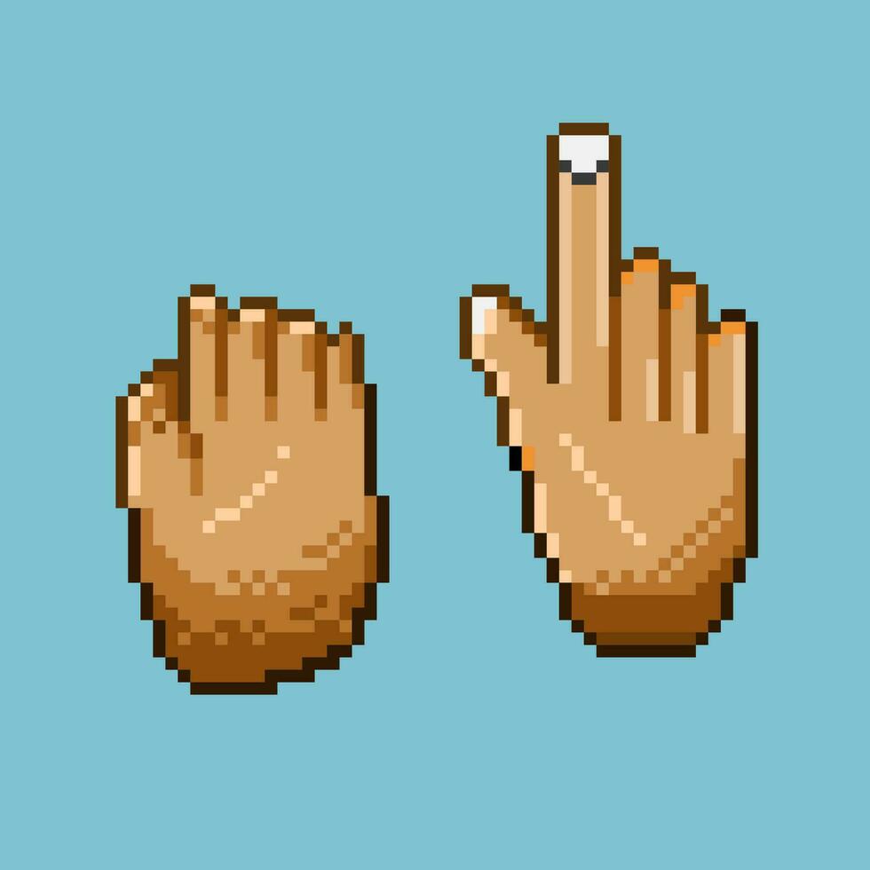 pixel arte di mano, mentre uno mano suo indicando, e il altro afferrare.set di mano umano pixelated stile. 8 bit Perfetto per gioco risorsa o design risorsa elemento per il tuo gioco design bene. vettore