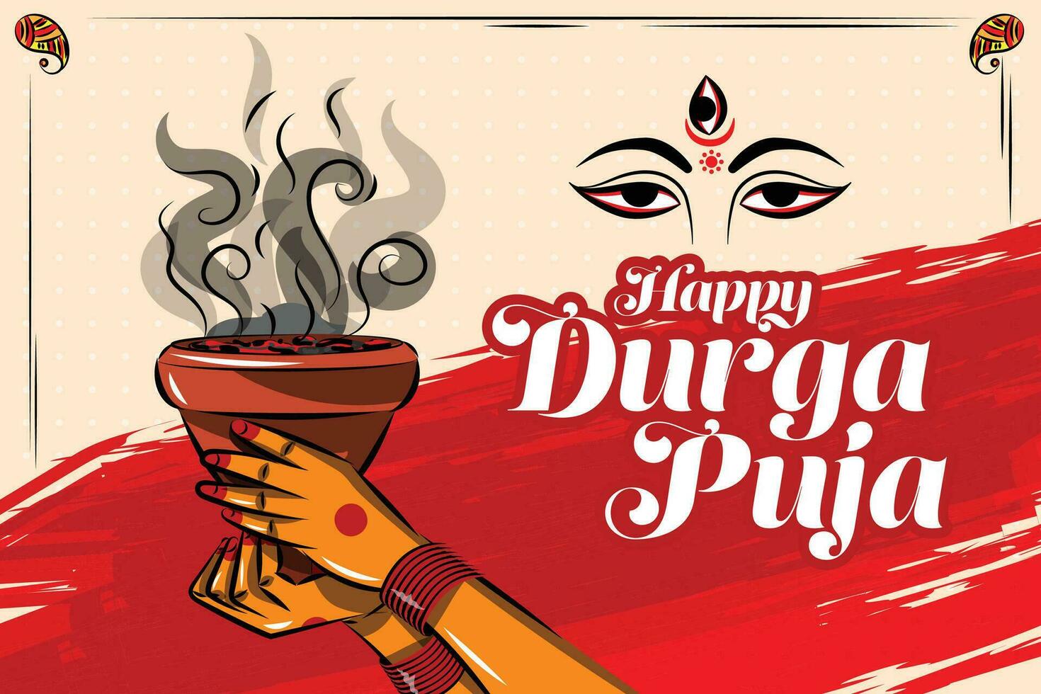 contento Durga puja. femmina mano Tenere dhunuchi aarti vettore