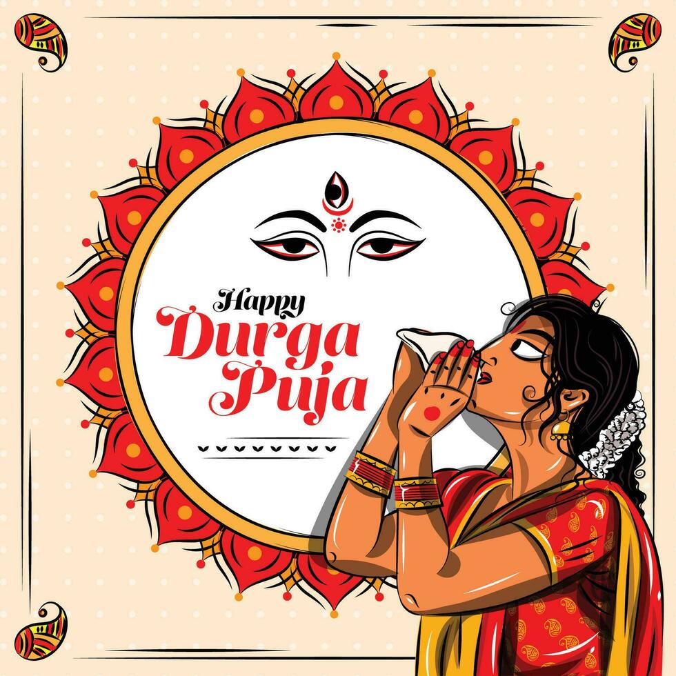contento Durga puja. bengalese signora soffiaggio un' conchiglia conchiglia durante Durga puja vettore