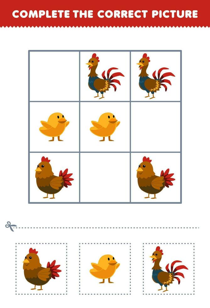 formazione scolastica gioco per bambini completare il corretta immagine di un' carino cartone animato Gallo gallina e pulcino stampabile azienda agricola foglio di lavoro vettore