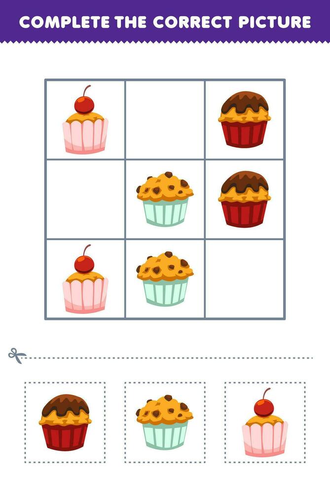 formazione scolastica gioco per bambini completare il corretta immagine di un' carino cartone animato Cupcake e focaccina stampabile cibo foglio di lavoro vettore