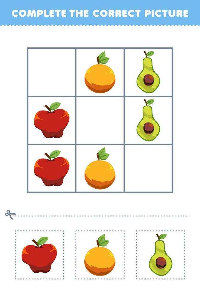 formazione scolastica gioco per bambini completare il corretta immagine di un' carino cartone animato Mela arancia e avocado stampabile frutta foglio di lavoro vettore