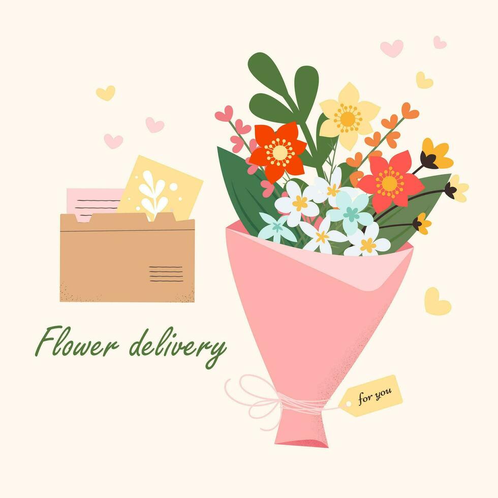 fiore consegna concetto il destinatario.carta Busta, cartolina, mazzo fiore. vettore