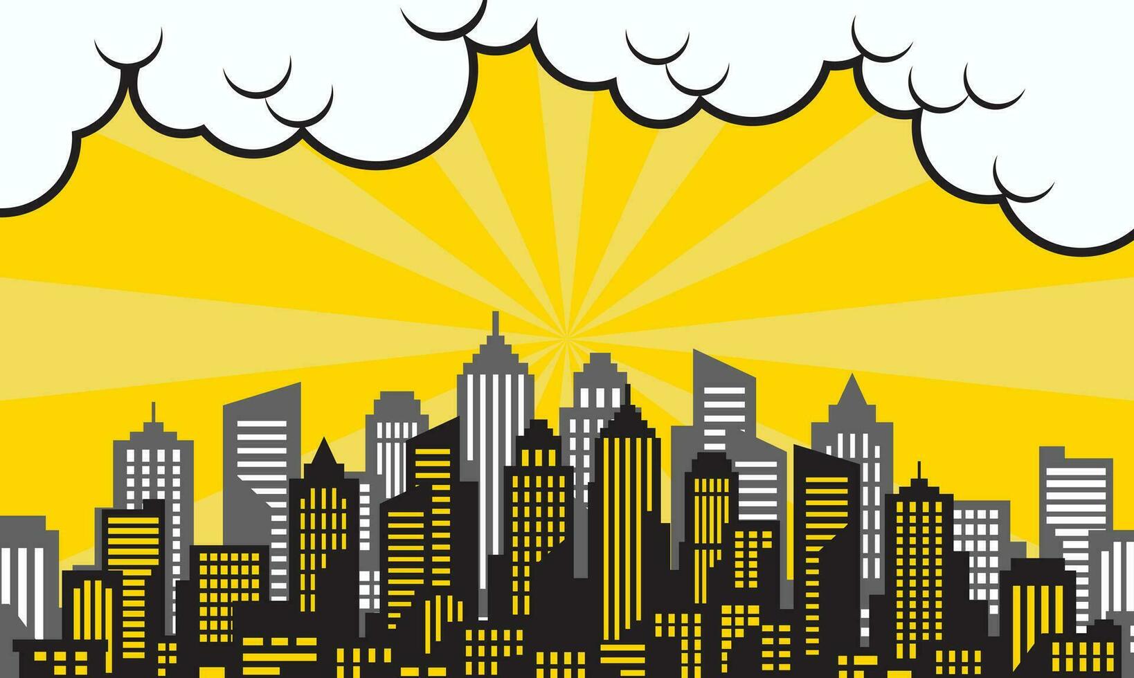 pop arte comico sfondo con città silhouette e nube illustrazione. piatto comico stile sfondo vettore