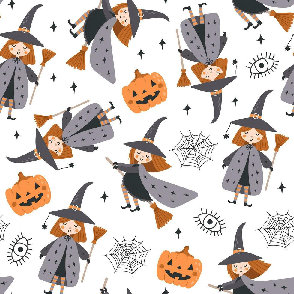 Halloween senza soluzione di continuità modello con mano disegnato elementi e strega. vettore illustrazioni