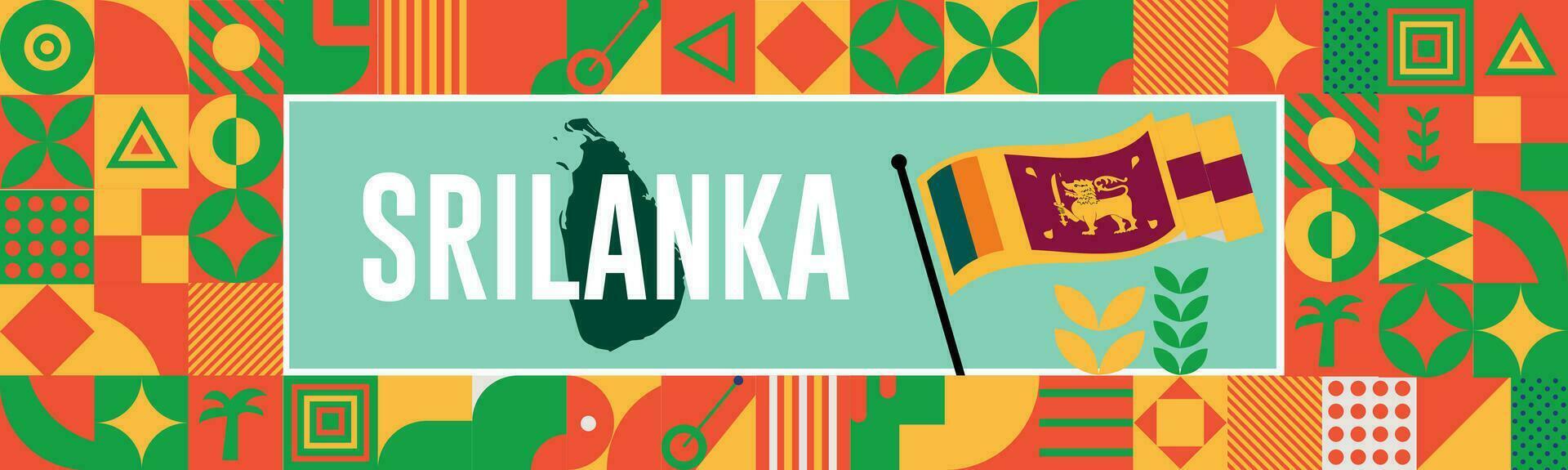 sri lanka nazionale giorno bandiera con carta geografica, bandiera colori tema sfondo e geometrico astratto retrò moderno colorfull design. astratto moderno design. vettore