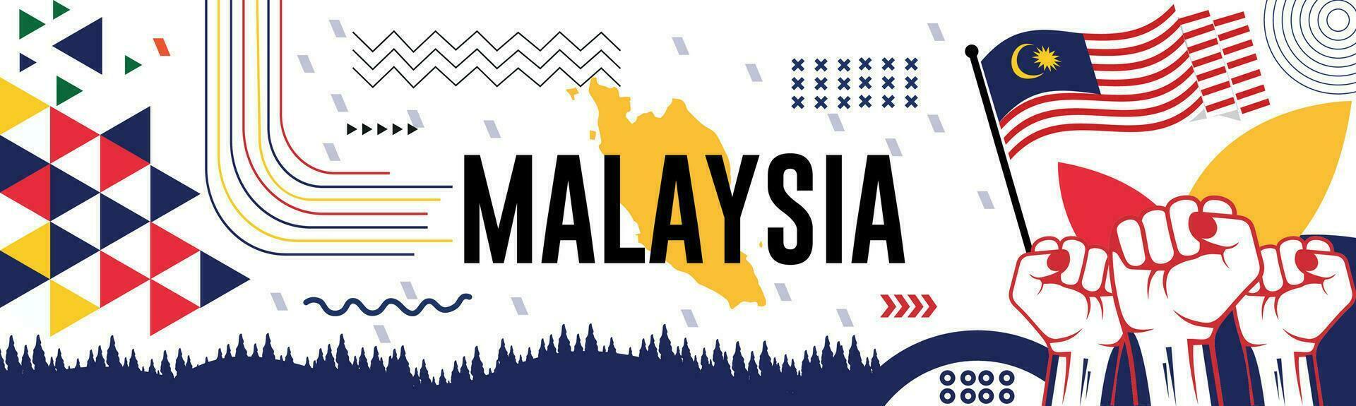 Malaysia nazionale giorno bandiera con carta geografica, bandiera colori tema sfondo e geometrico astratto retrò moderno colorfull design con sollevato mani o pugni. vettore