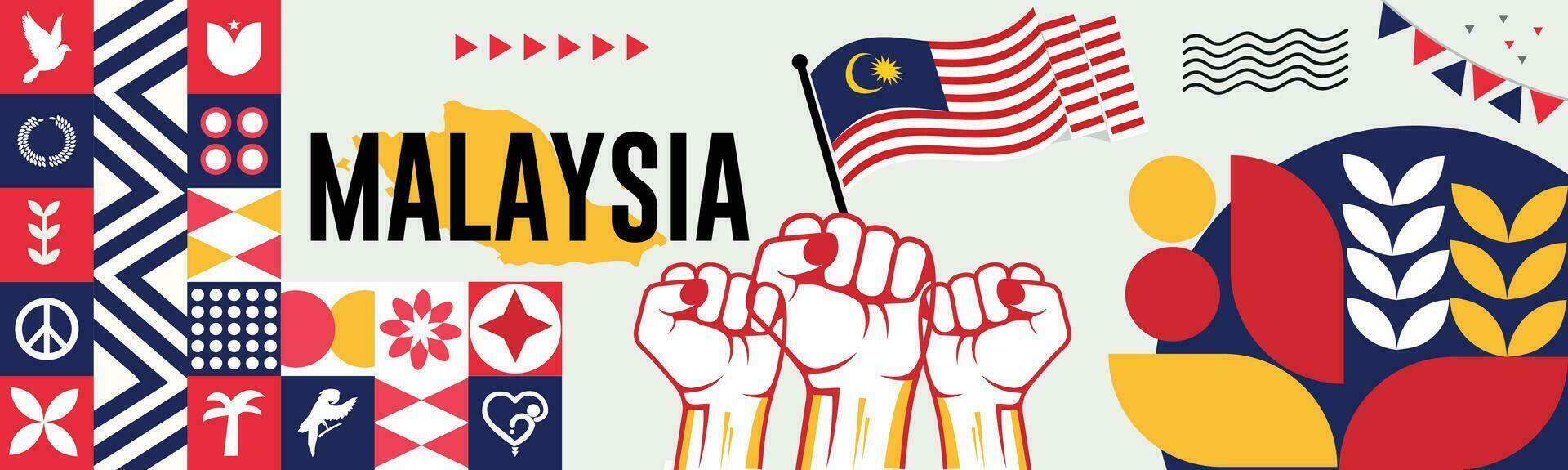 Malaysia nazionale giorno bandiera con carta geografica, bandiera colori tema sfondo e geometrico astratto retrò moderno colorfull design con sollevato mani o pugni. vettore