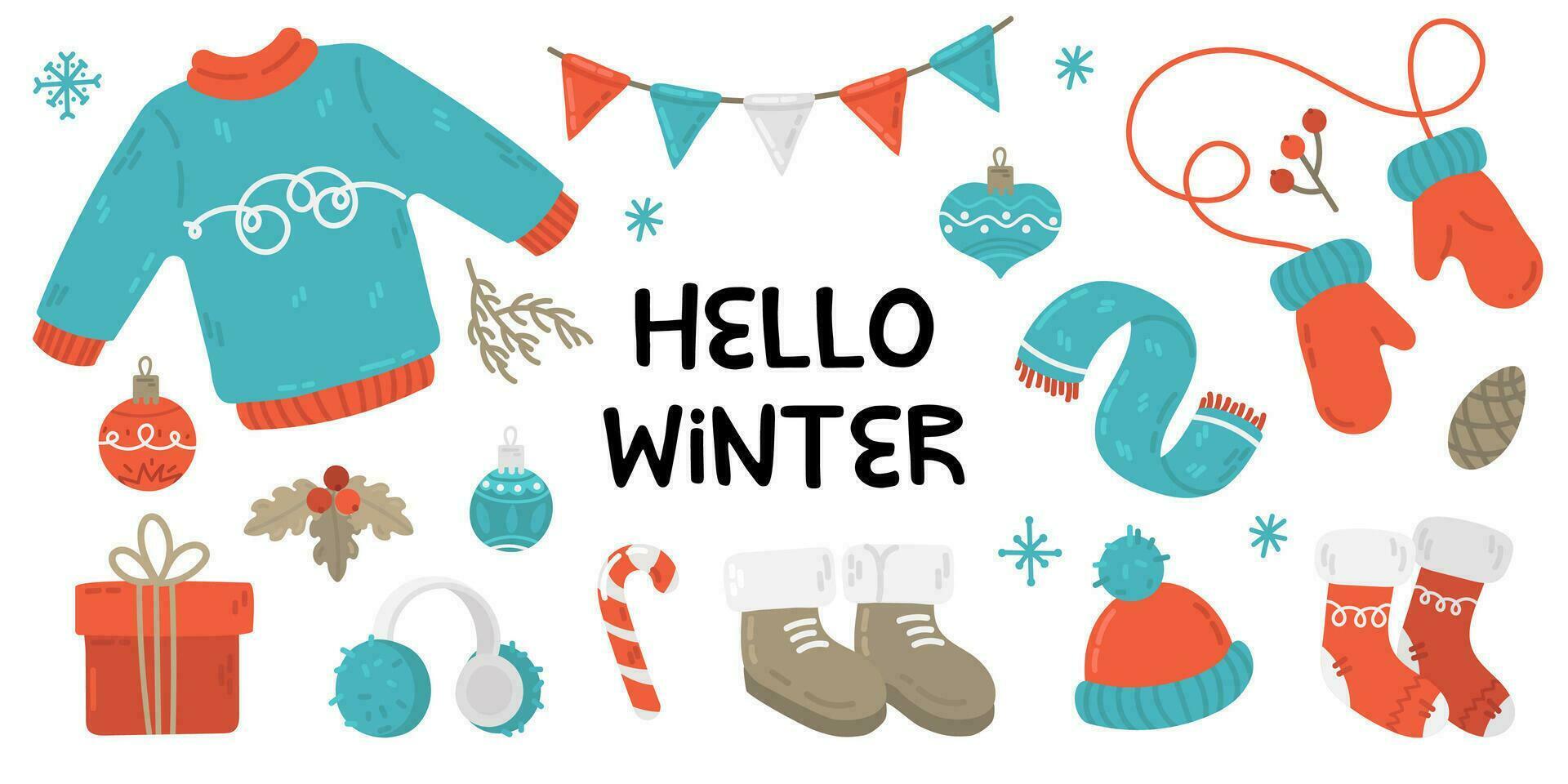 Ciao inverno elemento impostato con caldo Abiti, decorazione e regalo. vettore illustrazione.