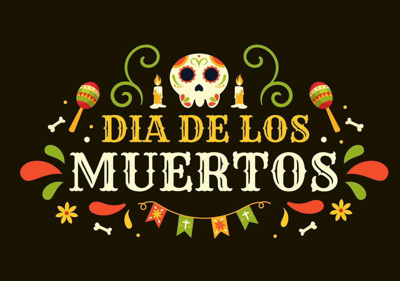 dia de los muertos vettore illustrazione con giorno di il morto, giocare musica, scheletro nel messicano costumi e sombrero nel piatto cartone animato sfondo
