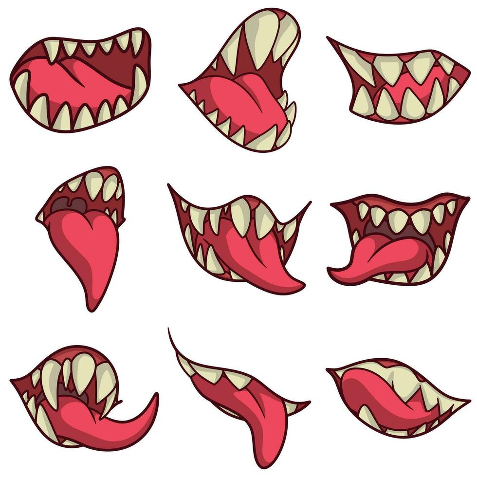 gratuito vettore illustrazione collezione di vario tipi di bocca pose con spalancato denti e lingua
