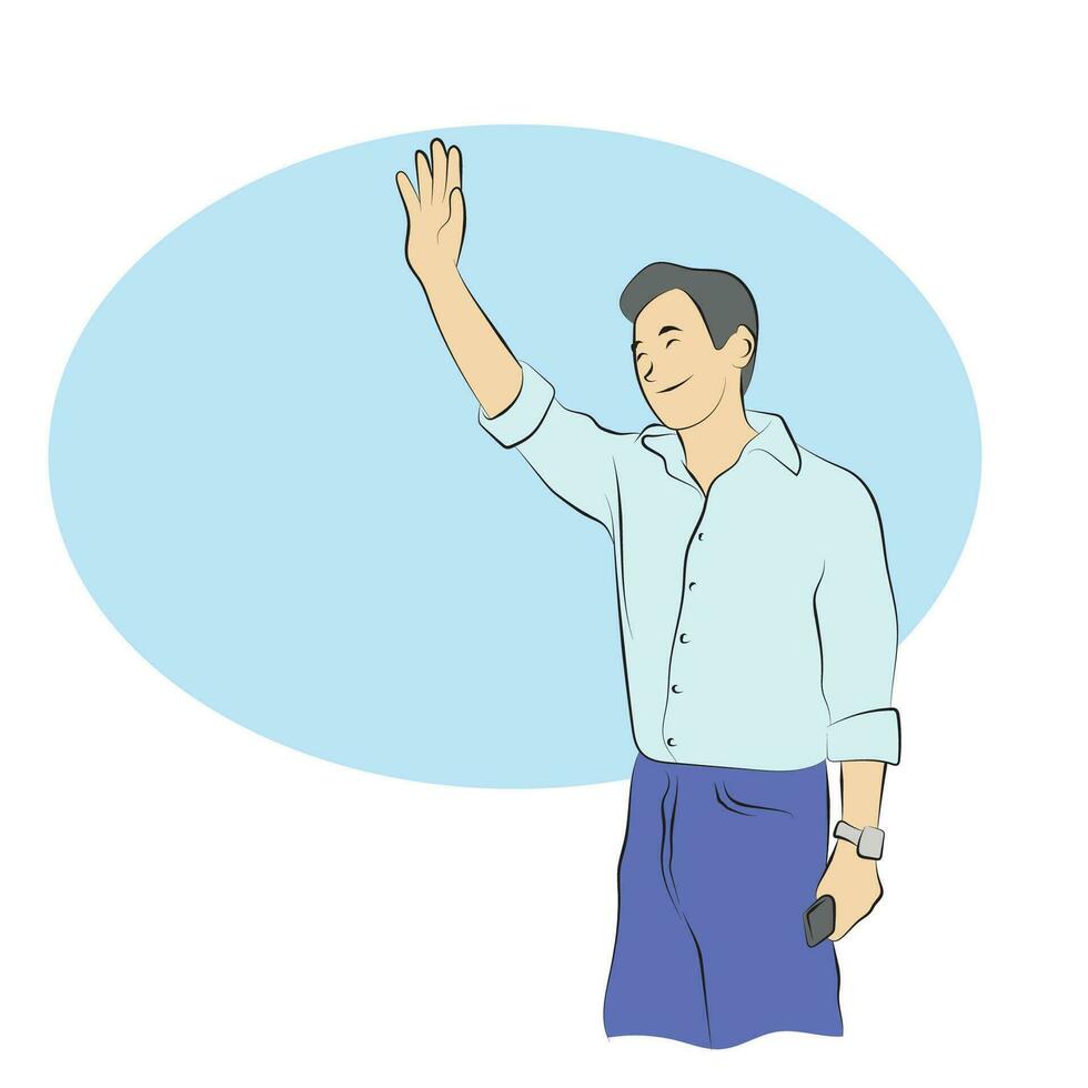 sorridente uomo con mano sollevato nel saluto su blu copia spazio illustrazione vettore mano disegnato isolato su bianca sfondo