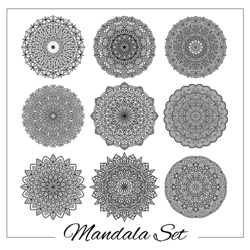 impostato di mandala. geometrico circolare ornamento impostare. isolato vettore elaborare mandala per colorazione libro stampa, disegno, logo, yoga, indiano e Arabo stampe. orientale abbellimento elementi.