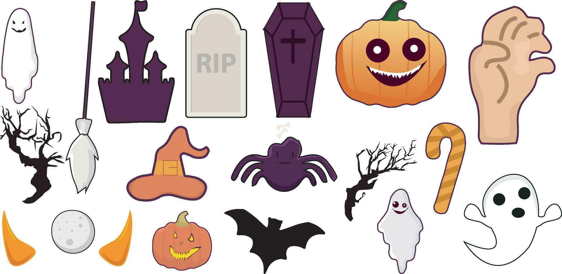 vettore Halloween collezione zucche, pipistrelli, tombe e decorazioni nel piatto stile
