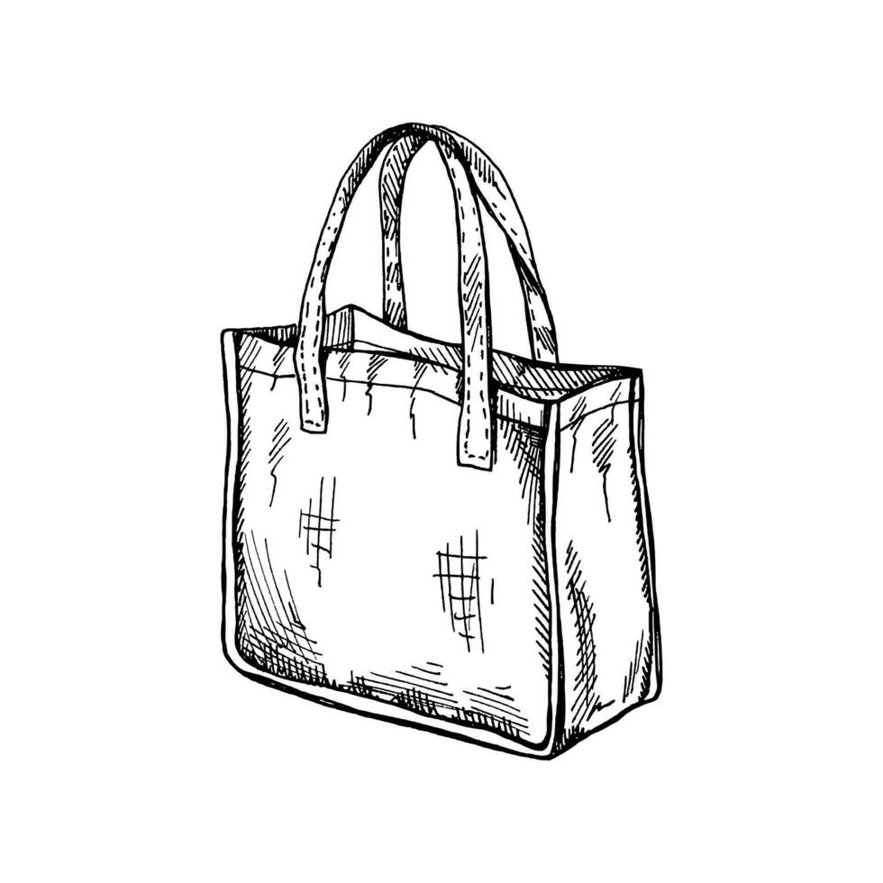 disegnato a mano eco Borsa schizzo. ecologico concetto, natura protezione, tessile biancheria Borsa. scarabocchio disegno. Vintage ▾ illustrazione. vettore