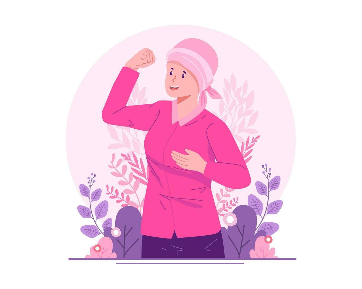 Seno cancro consapevolezza mese. un' contento femmina Seno cancro sopravvissuto mostrando sua bicipite muscolo. malattia prevenzione, solidarietà, beneficenza e supporto campagna vettore
