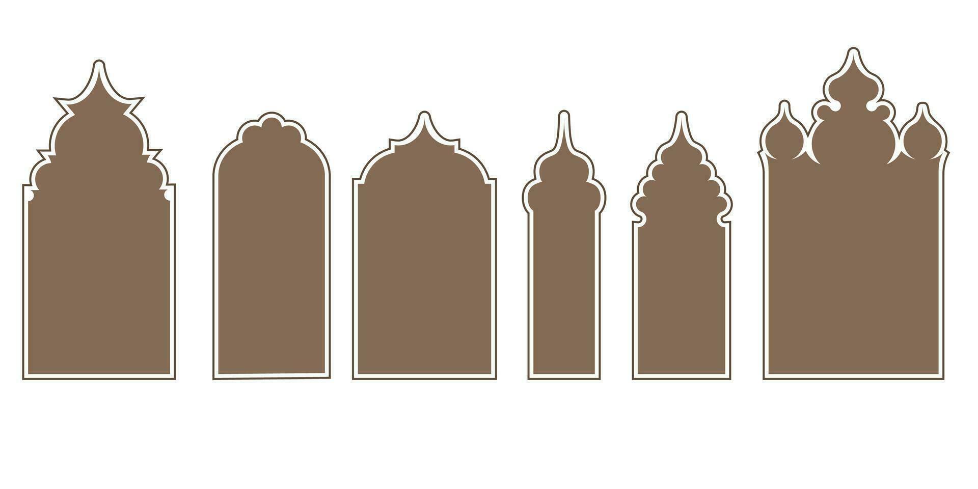 collezione di arabo orientale finestre, archi e porte. moderno design per cornici, modelli, sfondi. moschea cupola e lanterne islamico Ramadan kareem e eid mubarak stile. vettore illustrazione