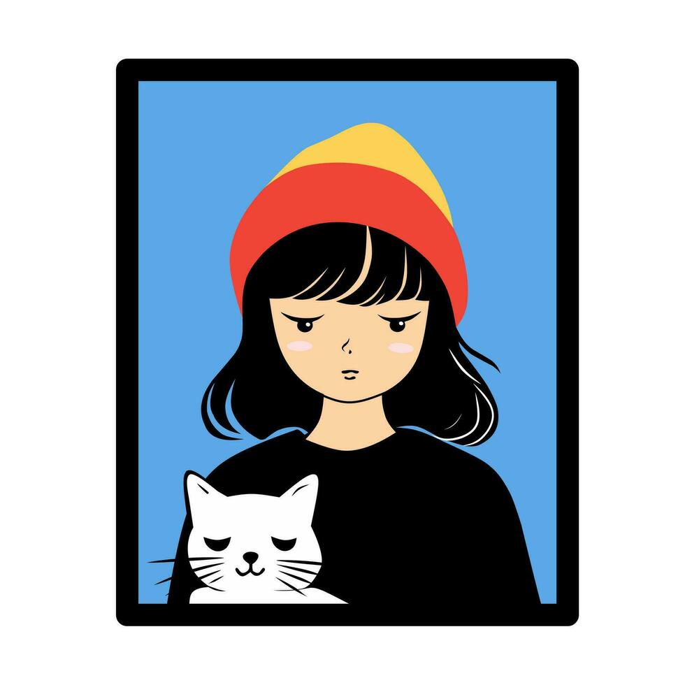 animato illustrazione design di un' ragazza con sua gatto su un' incorniciato blu sfondo vettore