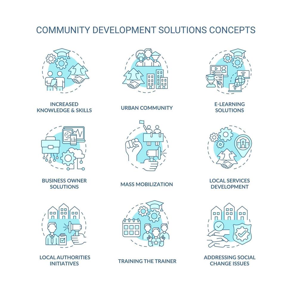 set di icone di concetto di soluzioni di sviluppo della comunità. iniziative delle autorità locali idea illustrazioni a colori linea sottile. soluzioni per imprenditori. disegni vettoriali isolati di contorno. tratto modificabile