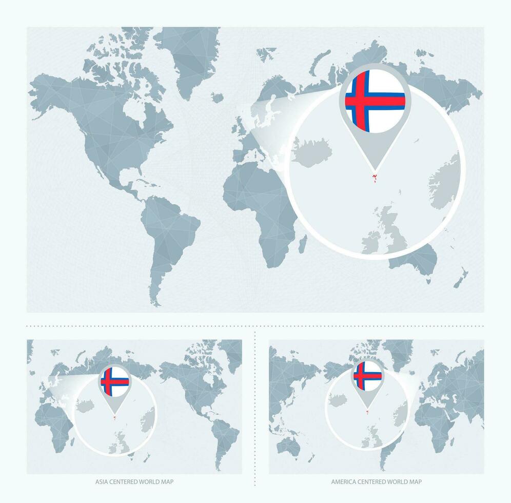 ingrandita Faroe isole al di sopra di carta geografica di il mondo, 3 versioni di il mondo carta geografica con bandiera e carta geografica di Faroe isole. vettore