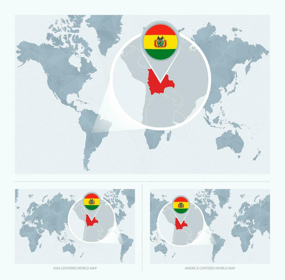 ingrandita Bolivia al di sopra di carta geografica di il mondo, 3 versioni di il mondo carta geografica con bandiera e carta geografica di Bolivia. vettore