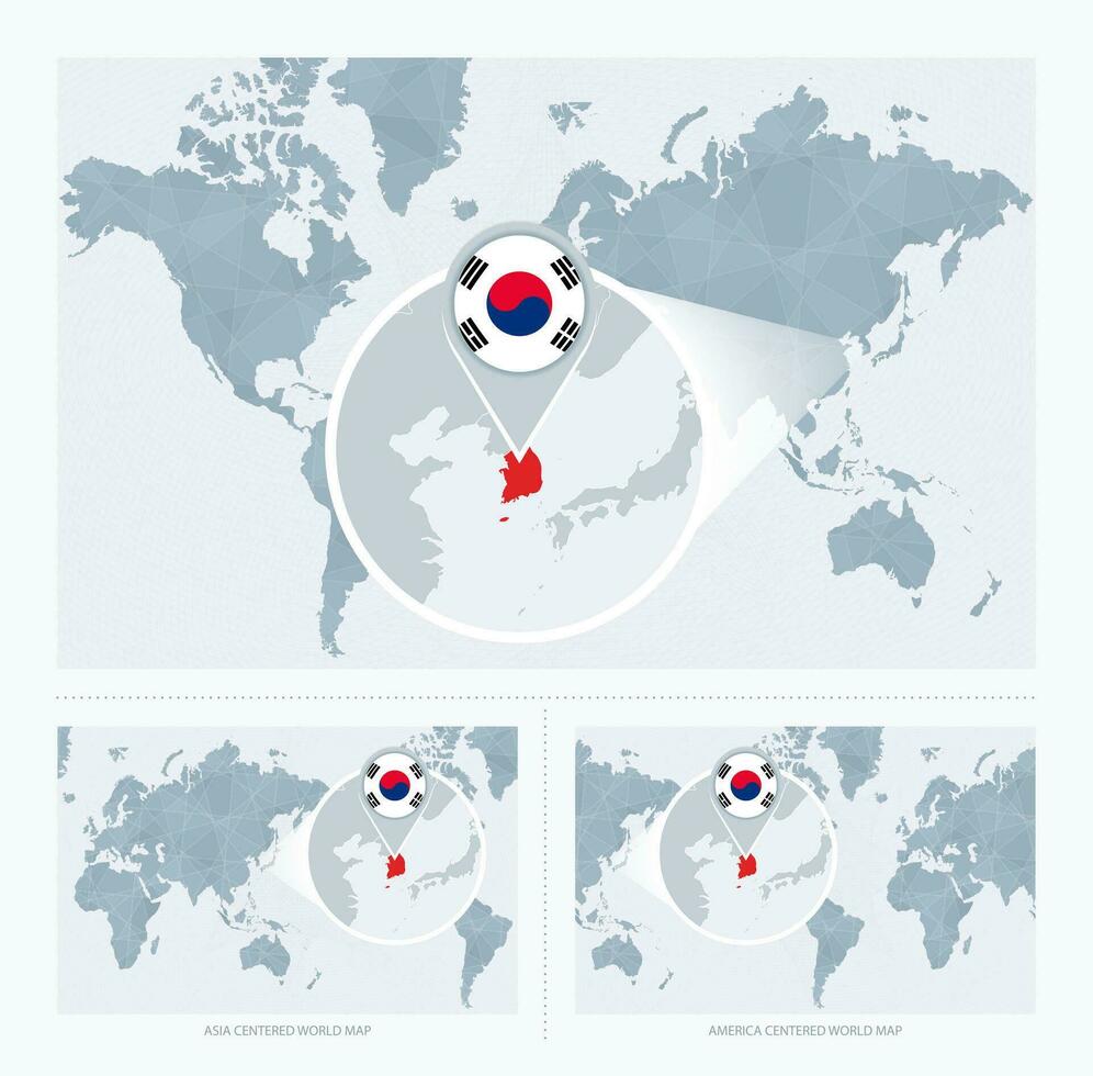 ingrandita Sud Corea al di sopra di carta geografica di il mondo, 3 versioni di il mondo carta geografica con bandiera e carta geografica di Sud Corea. vettore