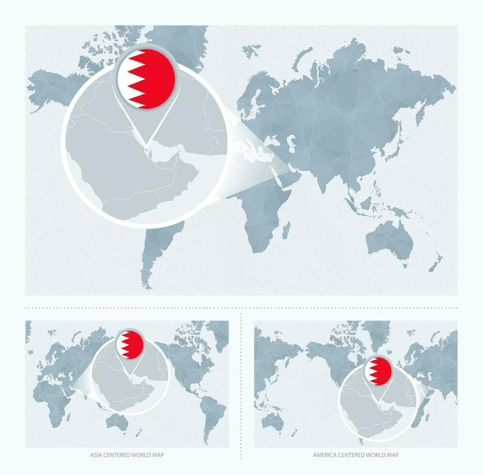 ingrandita bahrain al di sopra di carta geografica di il mondo, 3 versioni di il mondo carta geografica con bandiera e carta geografica di Bahrain. vettore