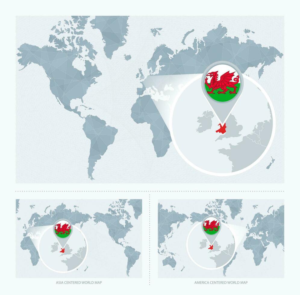 ingrandita Galles al di sopra di carta geografica di il mondo, 3 versioni di il mondo carta geografica con bandiera e carta geografica di Galles. vettore