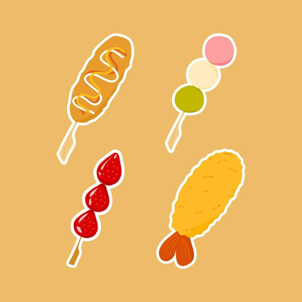giapponese strada Alimenti vettore illustrazione frutta canditi corndog EBI furai hanami dango