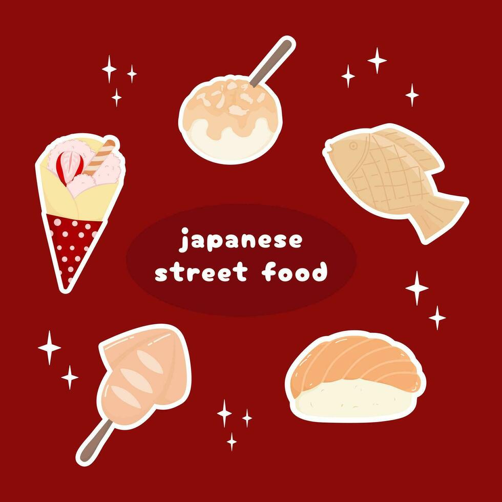 carino giapponese strada Alimenti vettore arte illustrazione adesivi impostare, crespo takoyaki ikayaki taiyaki Sushi.