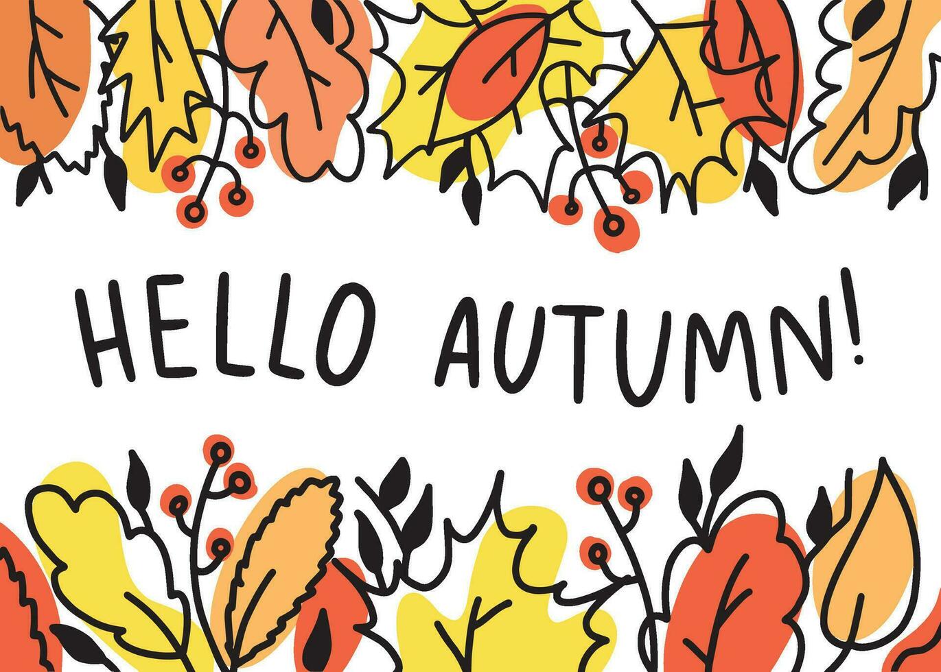 Ciao autunno mano lettering testo con autunno le foglie. vettore scarabocchio cartone animato illustrazione come manifesto, cartolina, saluto carta, invito modello. foresta design elementi.