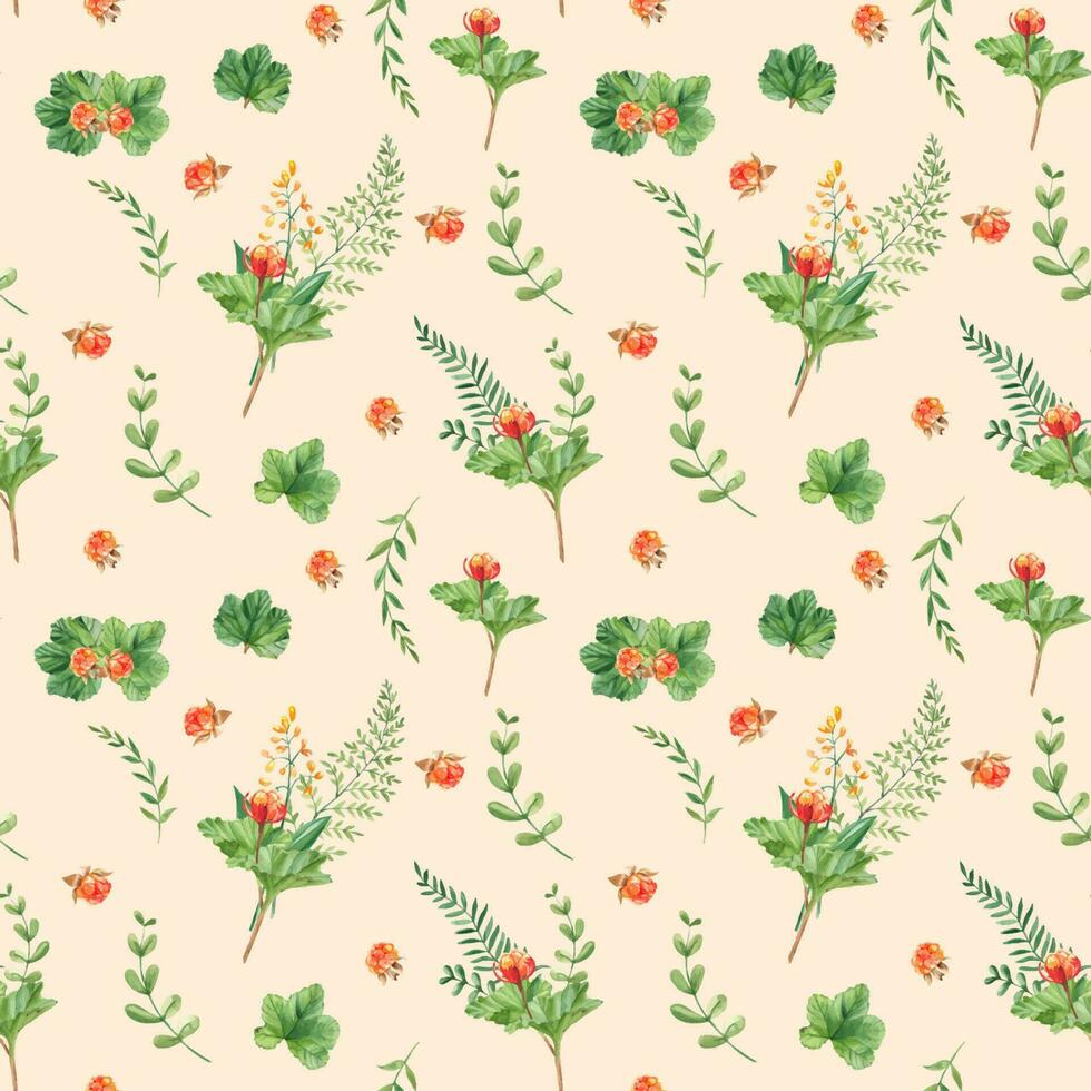 senza soluzione di continuità acquerello modello con cloudberry le foglie e frutti di bosco, felce, verde rami, giallo fiori selvatici. botanico estate mano disegnato illustrazione. può essere Usato per regalo involucro carta, cucina tessile vettore