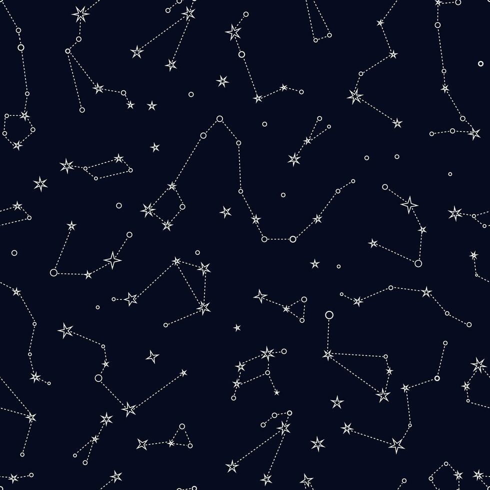 stellato notte cielo vettore senza soluzione di continuità modello. costellazione carta geografica di latteo modo. mistico esoterico sfondo per design di tessuto, confezione, astrologia, Telefono Astuccio, yoga stuoia, taccuino copertine, involucro carta