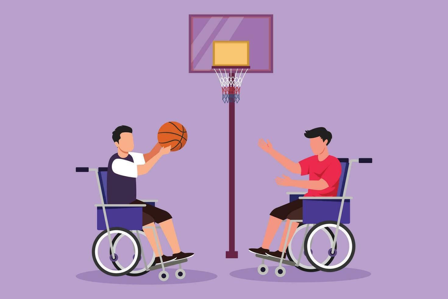grafico piatto design disegno gioioso Disabilitato giovane uomo nel sedia a rotelle giocando pallacanestro insieme a pallacanestro Tribunale. concetto di adattabile gli sport per Disabilitato le persone. cartone animato stile vettore illustrazione