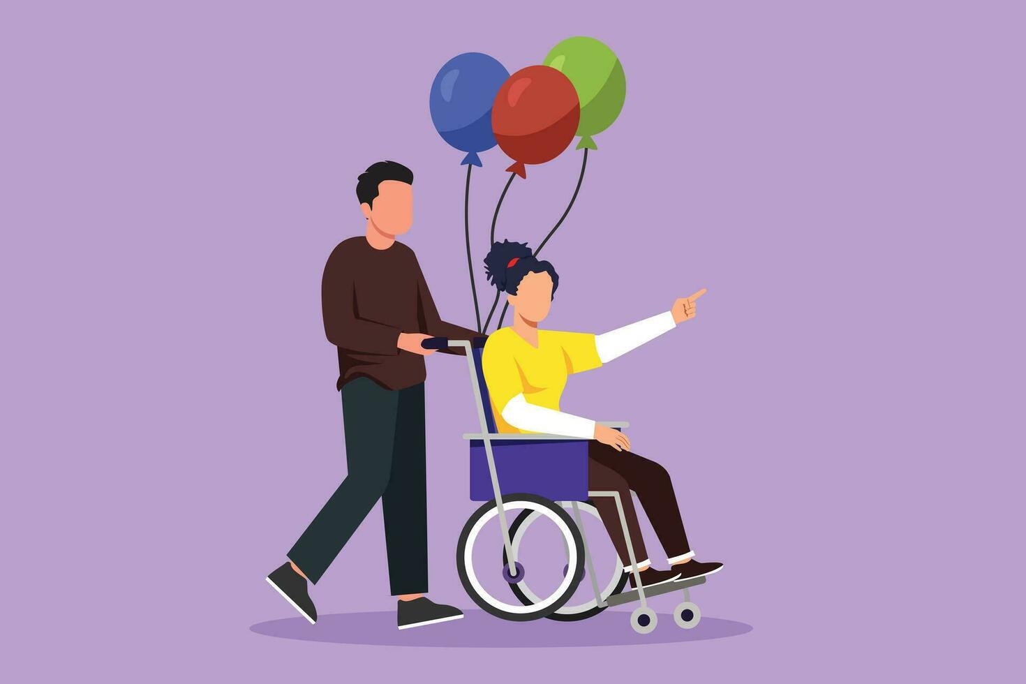 cartone animato piatto stile disegno invalidità persone scena concetto. uomo trasporta Disabilitato donna nel sedia a rotelle. accessibilità reinserimento non valido persona, persone attività. grafico design vettore illustrazione