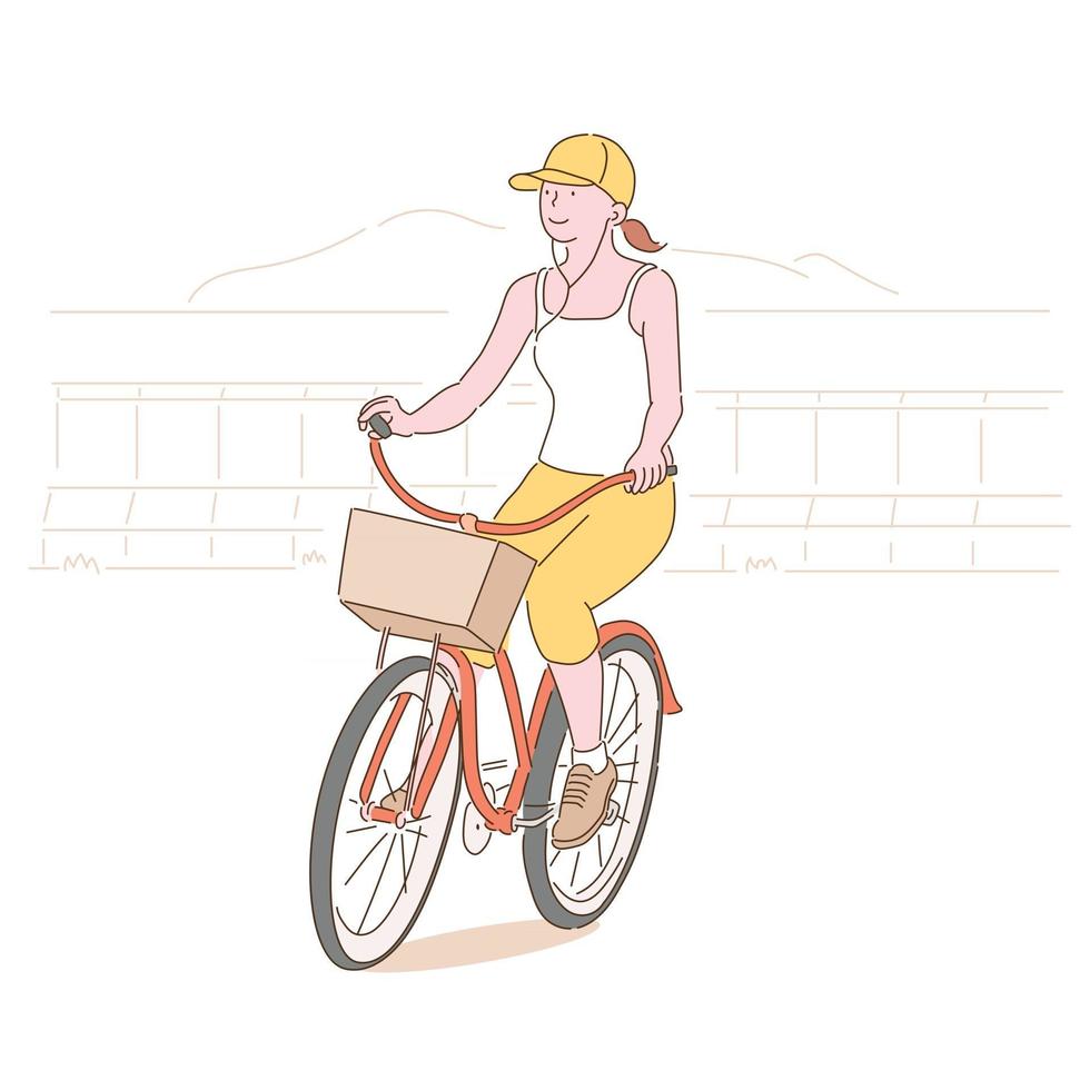 una donna con cappello e auricolari sta andando in bicicletta. illustrazioni di disegno vettoriale stile disegnato a mano.
