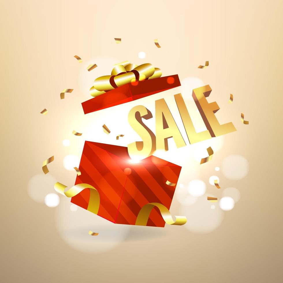 vendita d'oro all'interno di una confezione regalo rossa aperta. concetto di banner di vendita e promozione. vettore