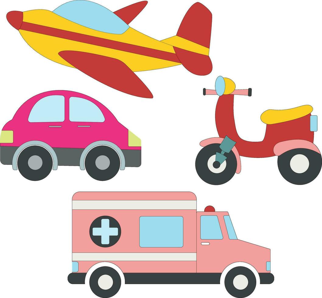 colorato mezzi di trasporto clipart collezione nel cartone animato stile per bambini e bambini include 4 veicoli vettore
