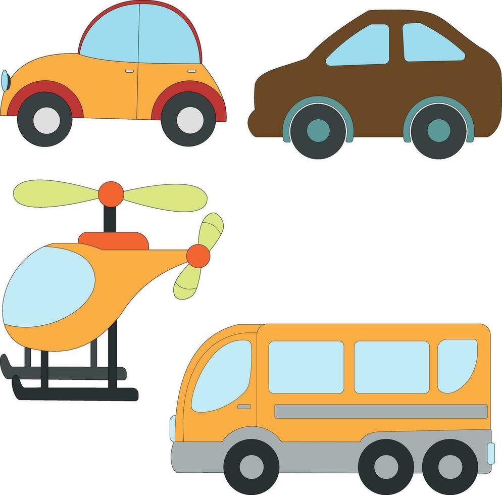colorato mezzi di trasporto clipart collezione nel cartone animato stile per bambini e bambini include 4 veicoli vettore