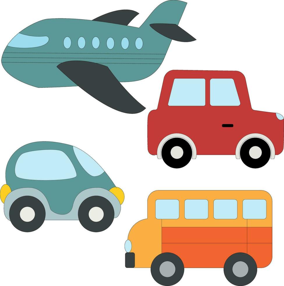 colorato mezzi di trasporto clipart impostato nel scarabocchio stile per bambini e bambini include 4 veicoli vettore